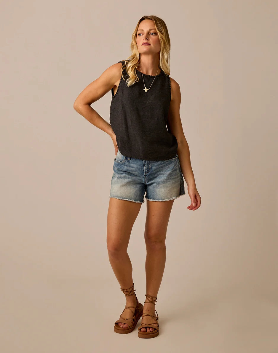 Lou Linen Tank: Black Chambray
